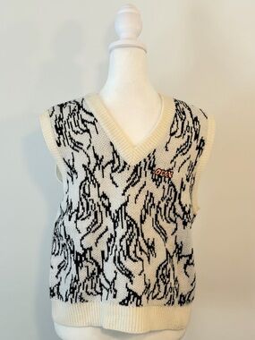 Obey Cream and Black Abstract Knit V-Neck Sweater Vest